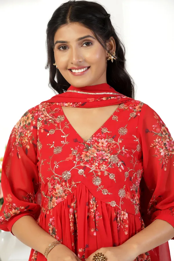 Red_Georgette_Empire_Waist_Floral_Print_Maxi_Dress_With_Dupatta_Set_For_Women