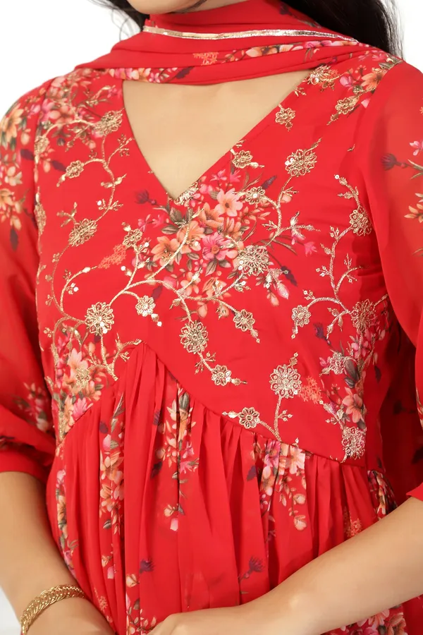 Red_Georgette_Empire_Waist_Floral_Print_Maxi_Dress_With_Dupatta_Set_For_Women