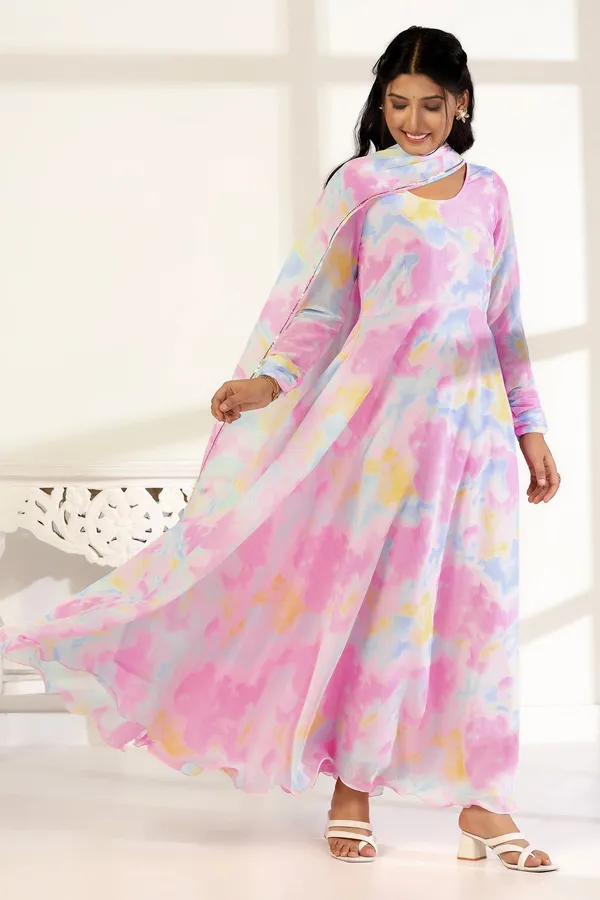 Multicolor_Georgette_Print_A-Line_Maxi_Length_Dress_With_Dupatta_Set_For_Women