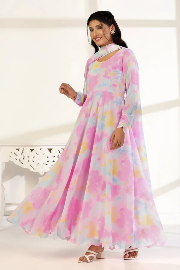 Multicolor_Georgette_Print_A-Line_Maxi_Length_Dress_With_Dupatta_Set_For_Women