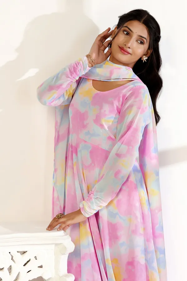 Multicolor_Georgette_Print_A-Line_Maxi_Length_Dress_With_Dupatta_Set_For_Women