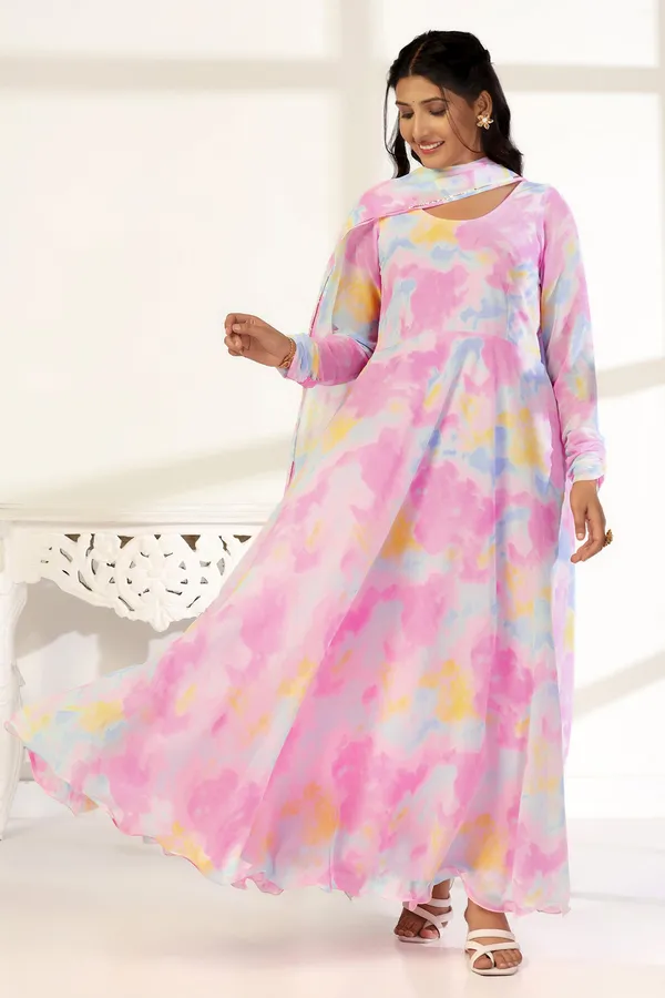 Multicolor_Georgette_Print_A-Line_Maxi_Length_Dress_With_Dupatta_Set_For_Women