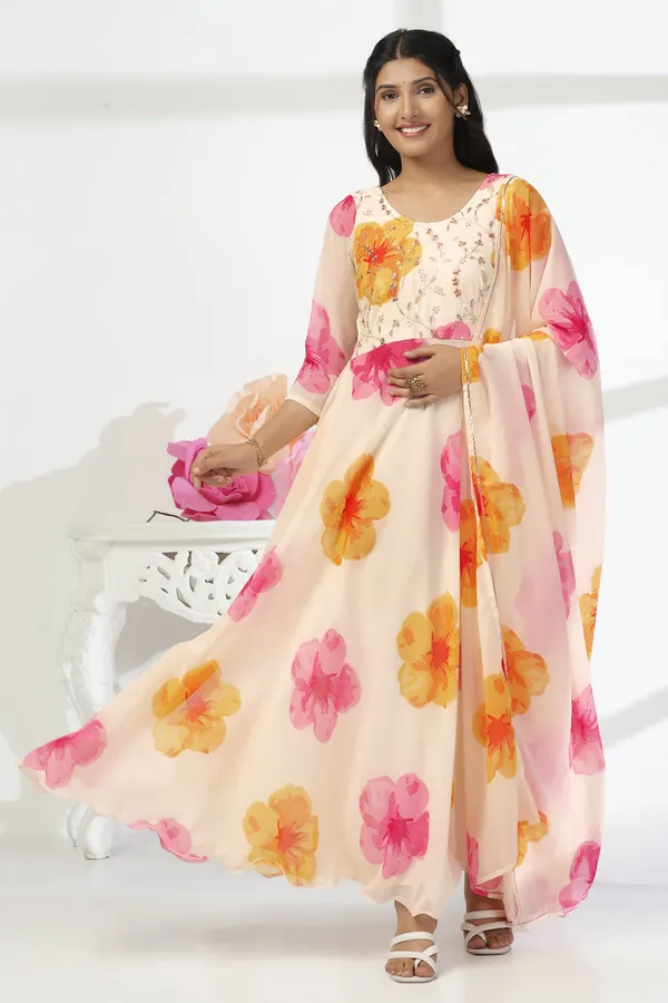 Off_White_Georgette_Floral_Print_A-Line_Maxi_Length_Dress_With_Dupatta_Set_For_Women