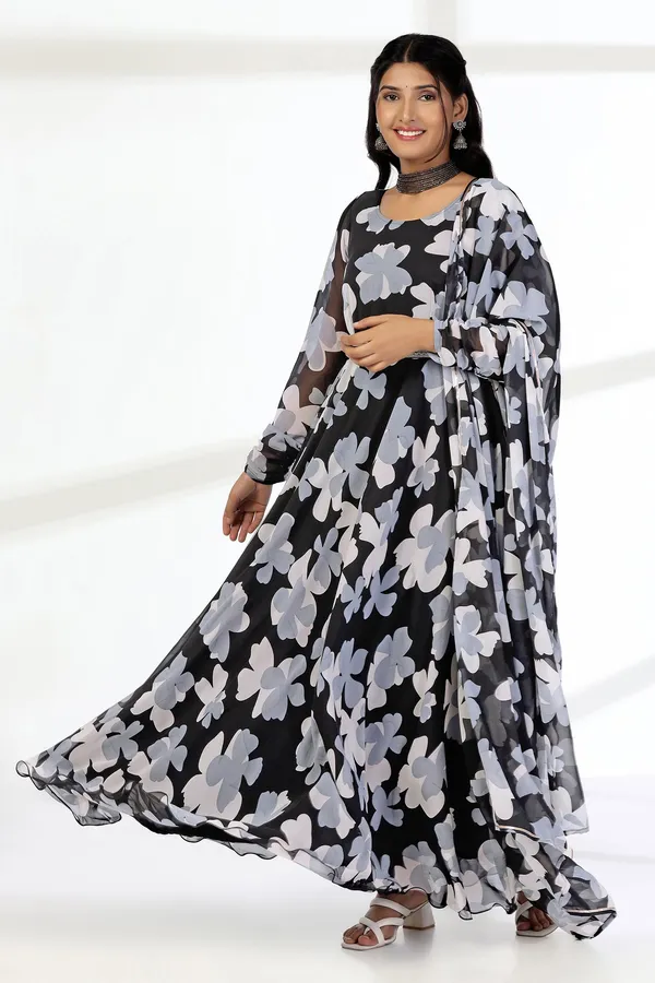Black_Georgette_Floral_Print_Fit_And_Flare_Maxi_Length_Dress_With_Dupatta_Set_For_Women