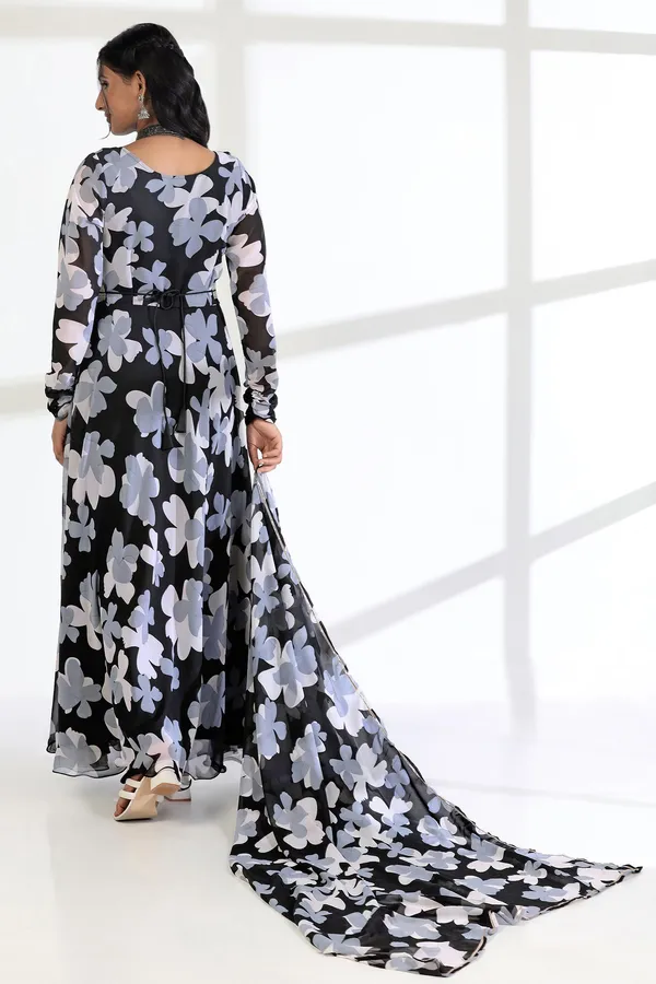Black_Georgette_Floral_Print_Fit_And_Flare_Maxi_Length_Dress_With_Dupatta_Set_For_Women