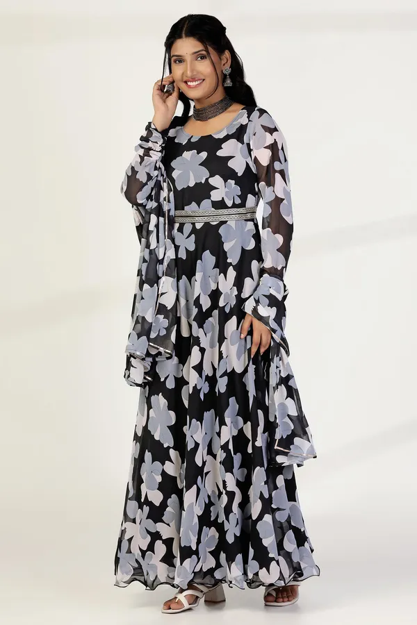 Black_Georgette_Floral_Print_Fit_And_Flare_Maxi_Length_Dress_With_Dupatta_Set_For_Women