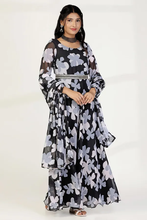 Black_Georgette_Floral_Print_Fit_And_Flare_Maxi_Length_Dress_With_Dupatta_Set_For_Women
