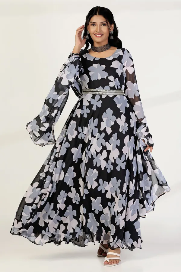 Black_Georgette_Floral_Print_Fit_And_Flare_Maxi_Length_Dress_With_Dupatta_Set_For_Women