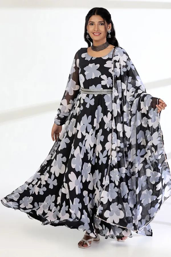 Black_Georgette_Floral_Print_Fit_And_Flare_Maxi_Length_Dress_With_Dupatta_Set_For_Women