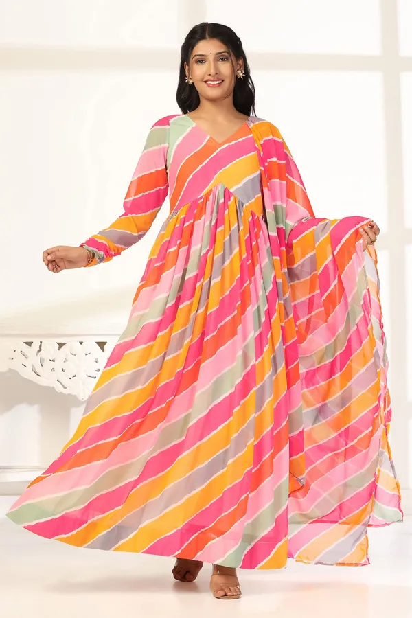 Multicolor_Georgette_Leheriya_Print_Fit_And_Flare_Maxi_Length_Dress_With_Dupatta_Set_For_Women