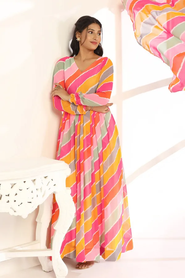 Multicolor_Georgette_Leheriya_Print_Fit_And_Flare_Maxi_Length_Dress_With_Dupatta_Set_For_Women