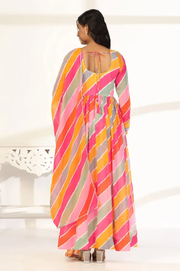 Multicolor_Georgette_Leheriya_Print_Fit_And_Flare_Maxi_Length_Dress_With_Dupatta_Set_For_Women