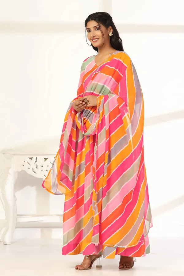 Multicolor_Georgette_Leheriya_Print_Fit_And_Flare_Maxi_Length_Dress_With_Dupatta_Set_For_Women