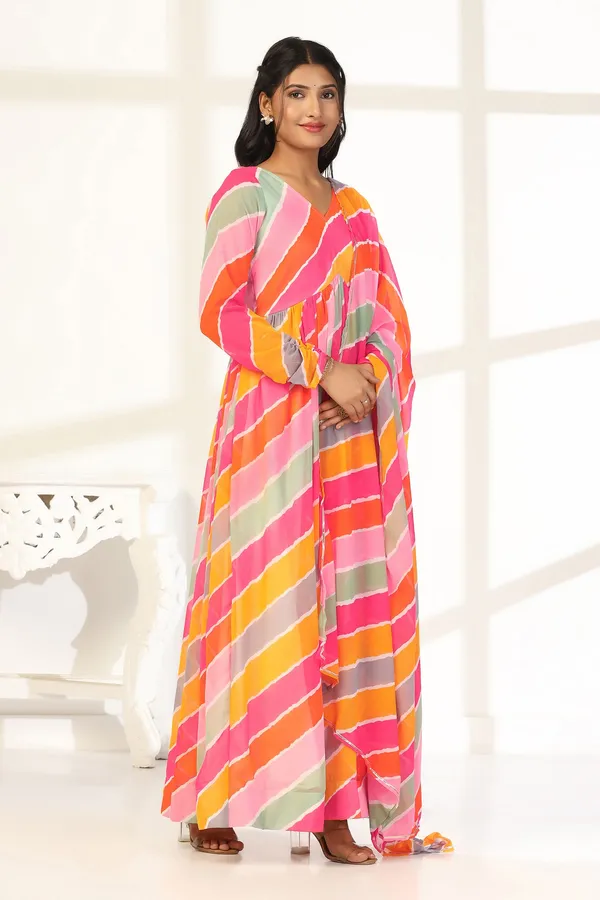 Multicolor_Georgette_Leheriya_Print_Fit_And_Flare_Maxi_Length_Dress_With_Dupatta_Set_For_Women