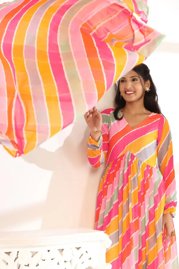 Multicolor_Georgette_Leheriya_Print_Fit_And_Flare_Maxi_Length_Dress_With_Dupatta_Set_For_Women