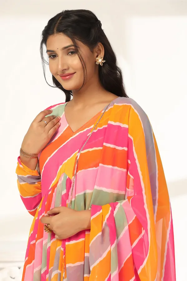 Multicolor_Georgette_Leheriya_Print_Fit_And_Flare_Maxi_Length_Dress_With_Dupatta_Set_For_Women