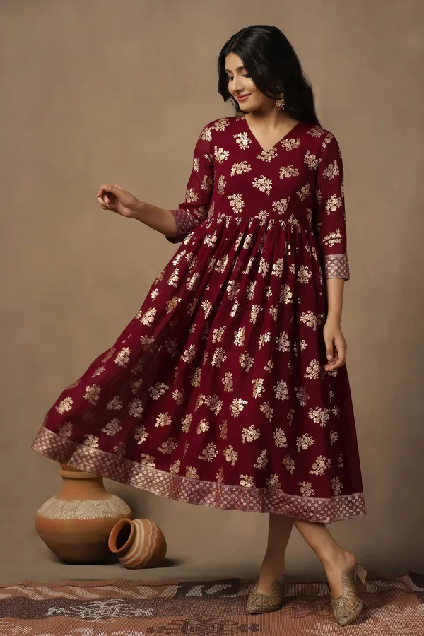 Maroon_Georgette_Foil_Print_A-Line_Maxi_Dress_For_Women