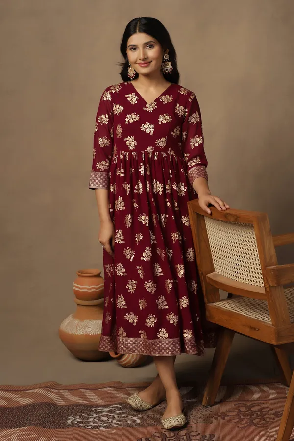 Maroon_Georgette_Foil_Print_A-Line_Maxi_Dress_For_Women
