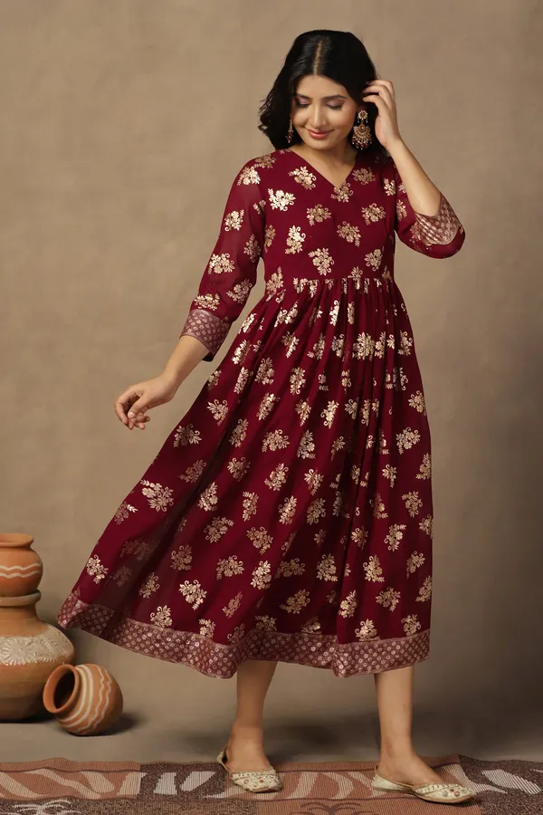 Maroon_Georgette_Foil_Print_A-Line_Maxi_Dress_For_Women
