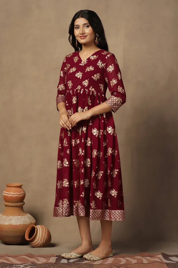 Maroon_Georgette_Foil_Print_A-Line_Maxi_Dress_For_Women