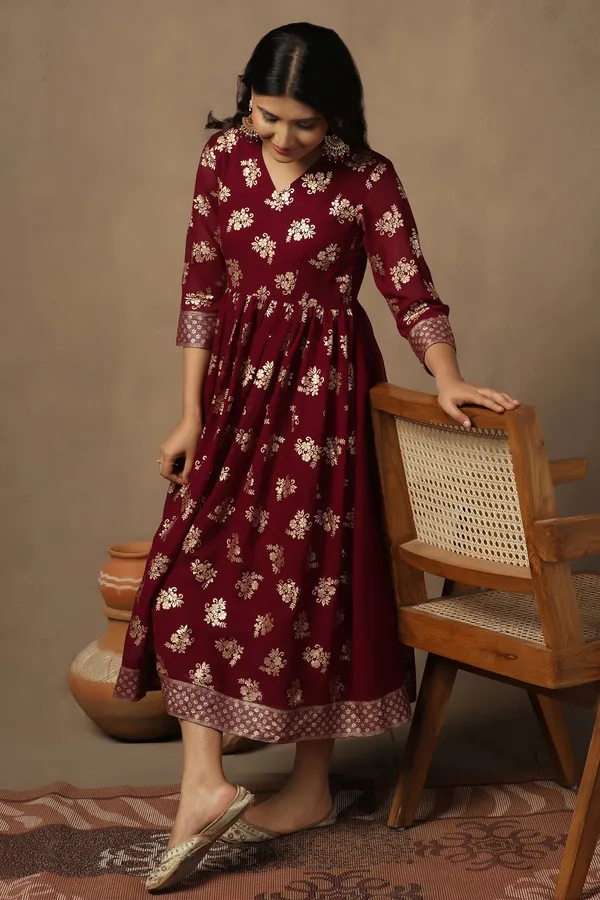 Maroon_Georgette_Foil_Print_A-Line_Maxi_Dress_For_Women