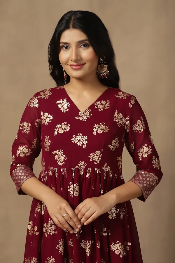 Maroon_Georgette_Foil_Print_A-Line_Maxi_Dress_For_Women