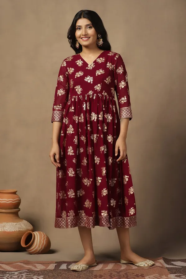 Maroon_Georgette_Foil_Print_A-Line_Maxi_Dress_For_Women