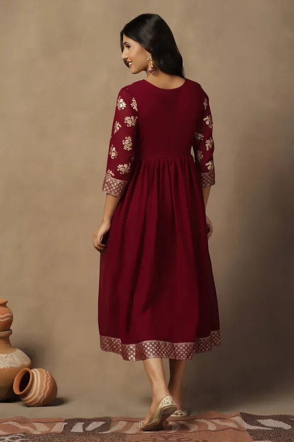Maroon_Georgette_Foil_Print_A-Line_Maxi_Dress_For_Women
