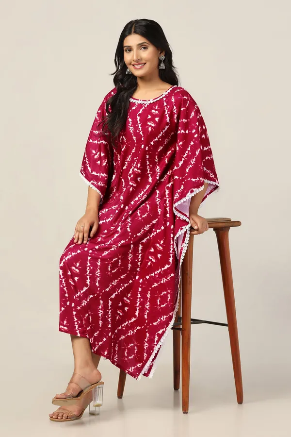 Maroon_Cotton_Blend_Tie_&_Dye_Print_Kaftan_Maxi_Length_Dress_For_Women