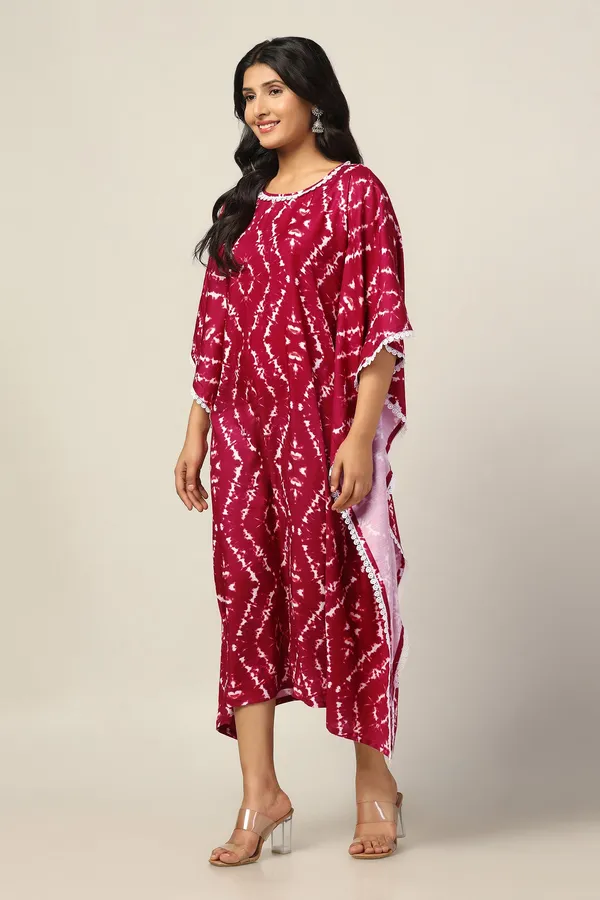 Maroon_Cotton_Blend_Tie_&_Dye_Print_Kaftan_Maxi_Length_Dress_For_Women