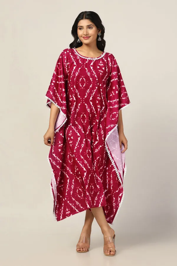 Maroon_Cotton_Blend_Tie_&_Dye_Print_Kaftan_Maxi_Length_Dress_For_Women