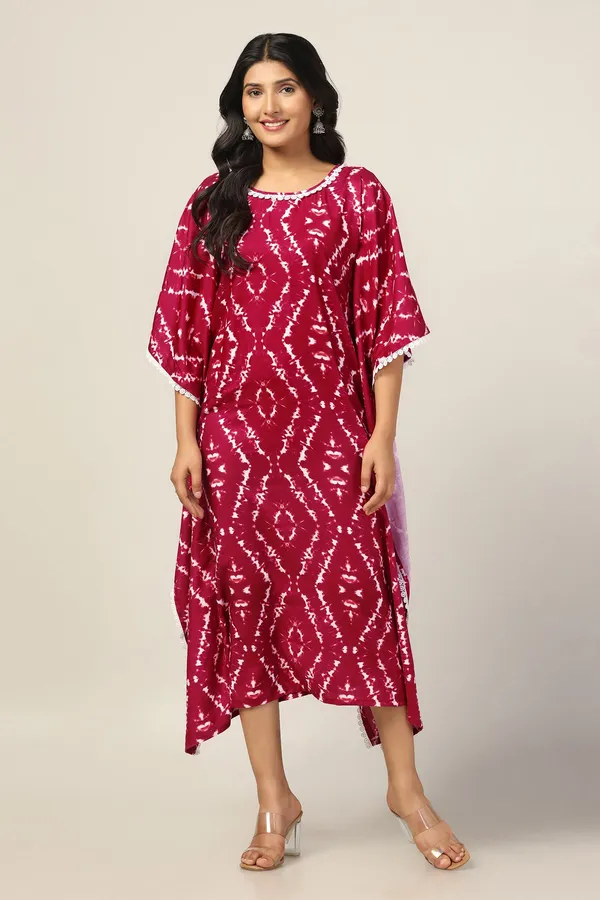 Maroon_Cotton_Blend_Tie_&_Dye_Print_Kaftan_Maxi_Length_Dress_For_Women