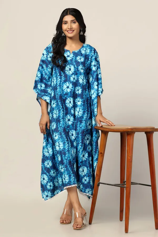 Blue_Slub_Tie-Dye_Print_Kaftan_Dress_For_Women