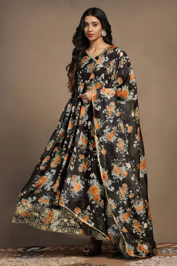 Black_Tabby_Organza_Gathered_Floral_Print_A-Line_Maxi_Dress_With_Dupatta_Set_For_Women