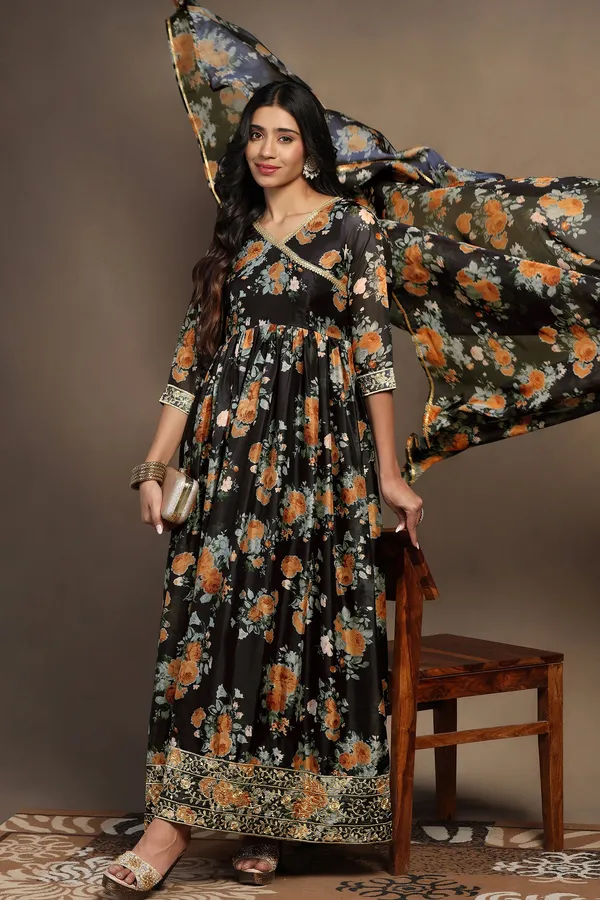 Black_Tabby_Organza_Gathered_Floral_Print_A-Line_Maxi_Dress_With_Dupatta_Set_For_Women