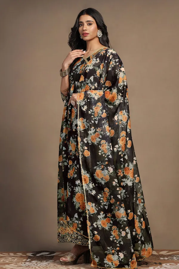 Black_Tabby_Organza_Gathered_Floral_Print_A-Line_Maxi_Dress_With_Dupatta_Set_For_Women