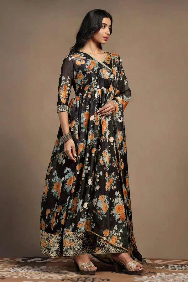 Black_Tabby_Organza_Gathered_Floral_Print_A-Line_Maxi_Dress_With_Dupatta_Set_For_Women