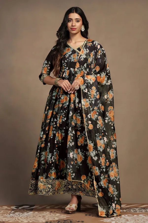 Black_Tabby_Organza_Gathered_Floral_Print_A-Line_Maxi_Dress_With_Dupatta_Set_For_Women
