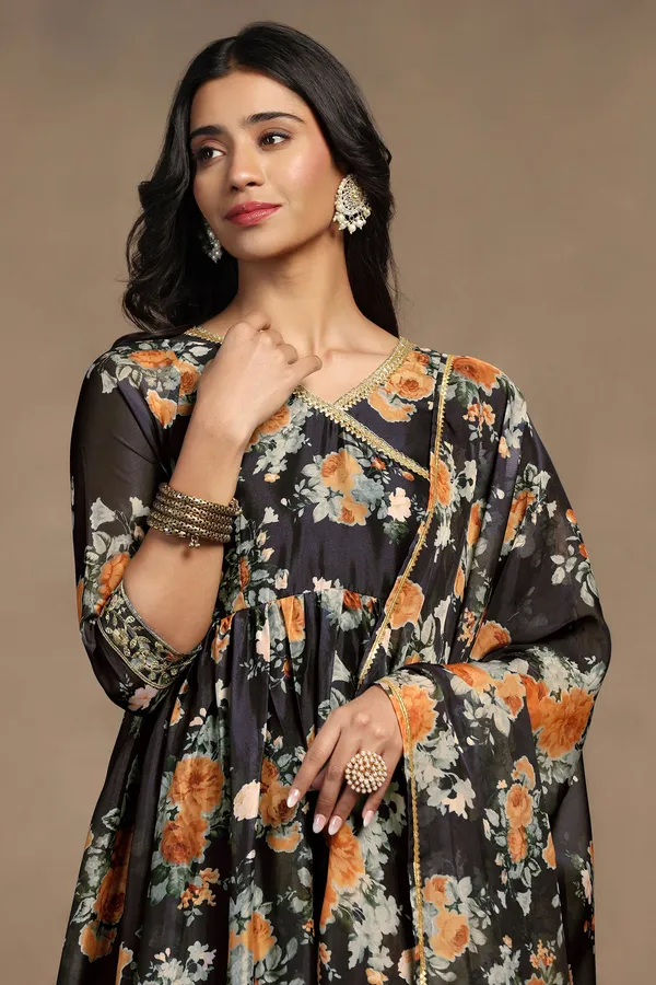 Black_Tabby_Organza_Gathered_Floral_Print_A-Line_Maxi_Dress_With_Dupatta_Set_For_Women
