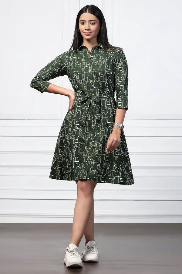 Bottle_Green_Cotton_Blend_Abstract_Print_Shirt_Style_Knee_Length_Dress_For_Women