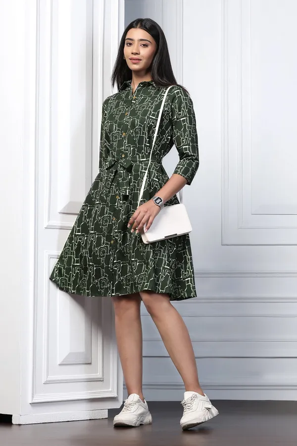Bottle_Green_Cotton_Blend_Abstract_Print_Shirt_Style_Knee_Length_Dress_For_Women