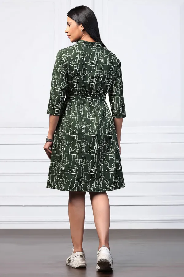 Bottle_Green_Cotton_Blend_Abstract_Print_Shirt_Style_Knee_Length_Dress_For_Women
