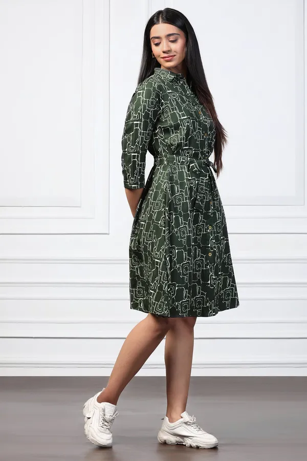 Bottle_Green_Cotton_Blend_Abstract_Print_Shirt_Style_Knee_Length_Dress_For_Women