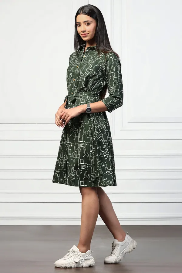 Bottle_Green_Cotton_Blend_Abstract_Print_Shirt_Style_Knee_Length_Dress_For_Women