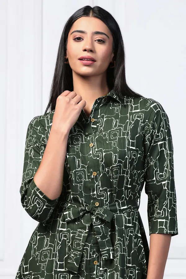 Bottle_Green_Cotton_Blend_Abstract_Print_Shirt_Style_Knee_Length_Dress_For_Women