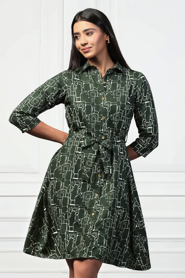Bottle_Green_Cotton_Blend_Abstract_Print_Shirt_Style_Knee_Length_Dress_For_Women