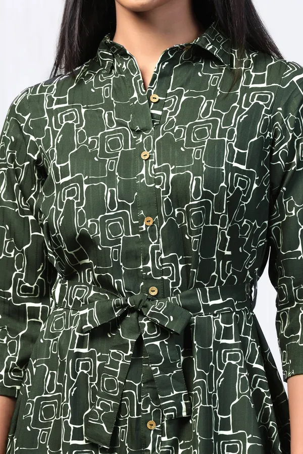 Bottle_Green_Cotton_Blend_Abstract_Print_Shirt_Style_Knee_Length_Dress_For_Women