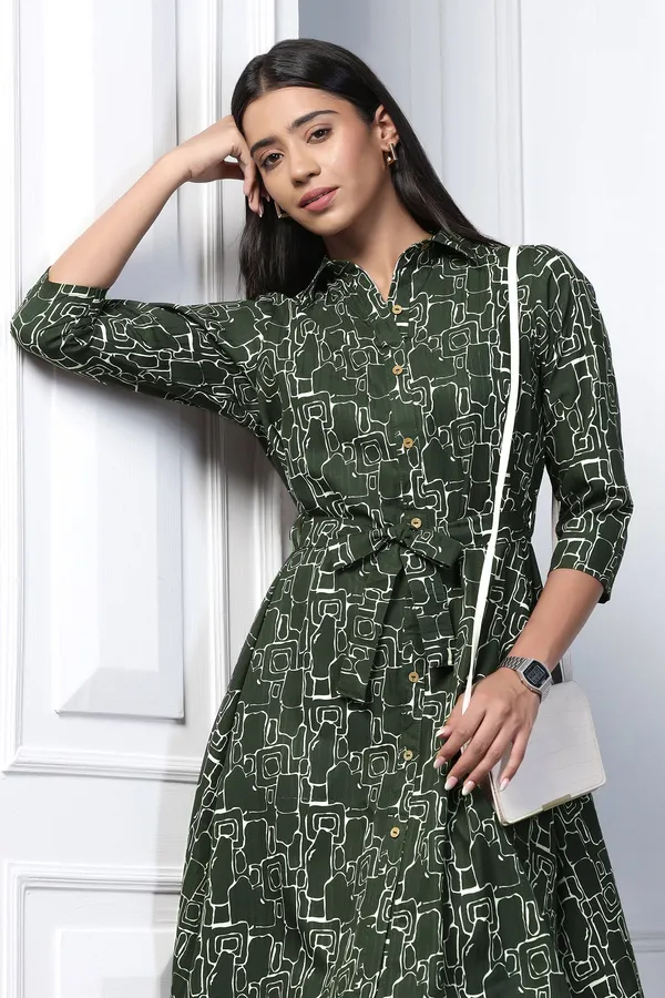 Bottle_Green_Cotton_Blend_Abstract_Print_Shirt_Style_Knee_Length_Dress_For_Women