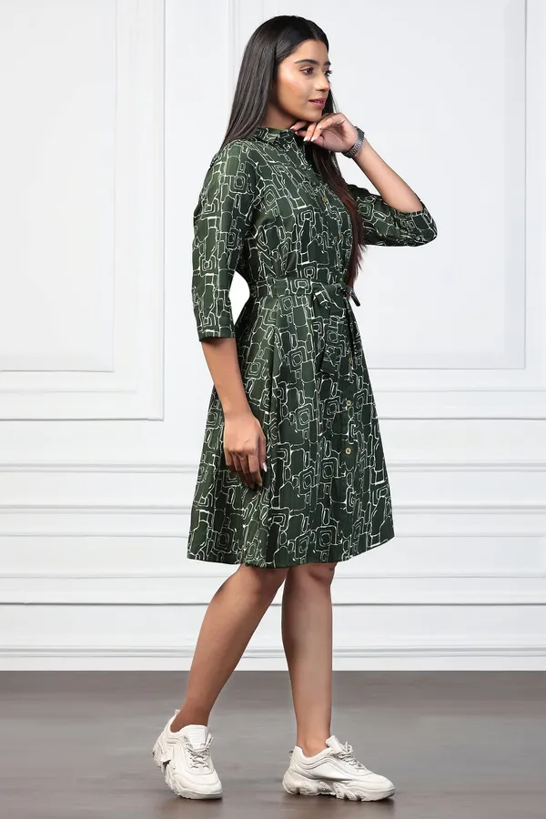 Bottle_Green_Cotton_Blend_Abstract_Print_Shirt_Style_Knee_Length_Dress_For_Women