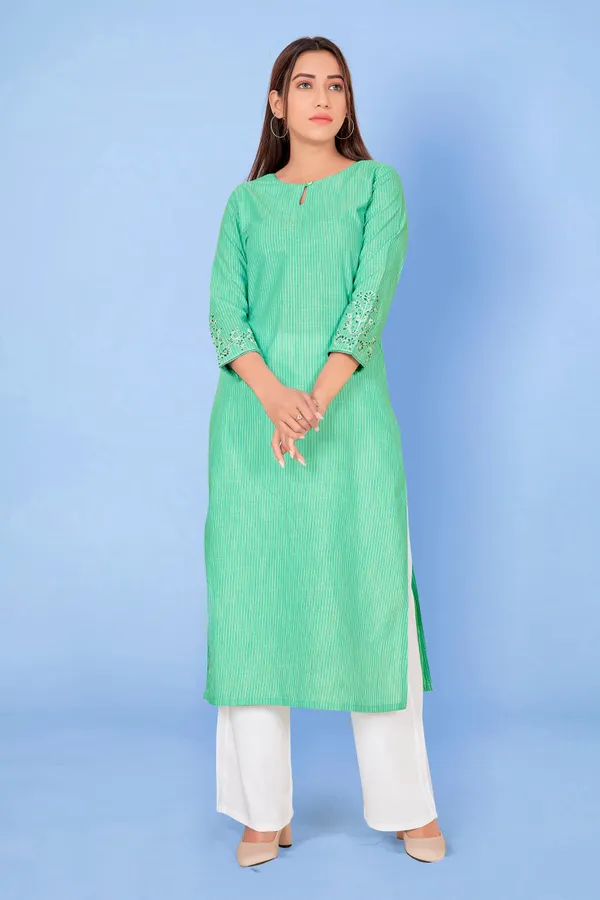 Green_Cotton_Straight_Readymade_Kurti_For_Women